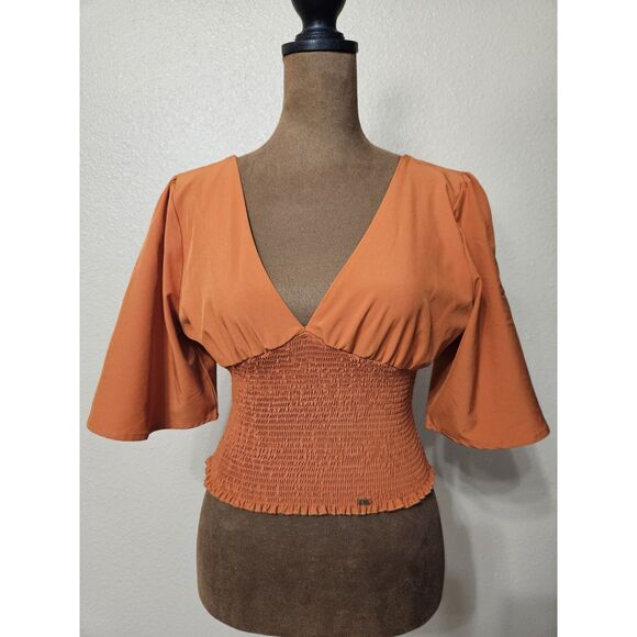 Exit Women’s Rust Orange Deep V-Neck Smocked Waist Cropped Top Size M - Picture 1 of 2